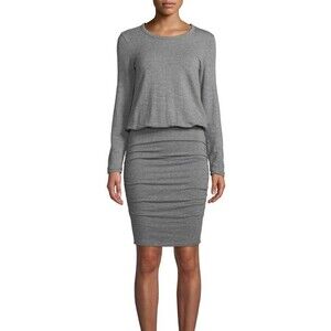 NEW SUNDRY Heather Grey Long Sleeve Knit Blouson Ruched Elastic Waist Dress 0 XS